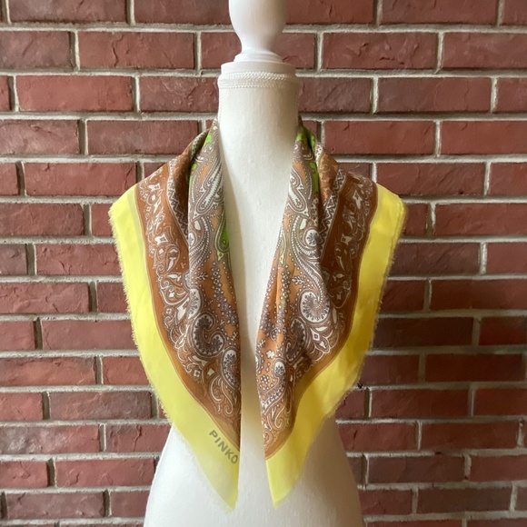 Pinko Italy Silk  Brown Green Yellow Paisley Print Signed Scarf 24”x25”NEW - Picture 5 of 8